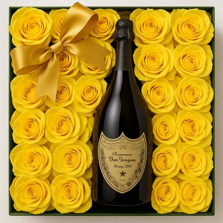 DOM PERIGNON WITH YELLOW ROSES