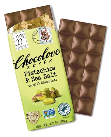 CHOCOLOVE PISTACHIOS AND SEA SALT IN MILK CHOCOLATE 33% BAR